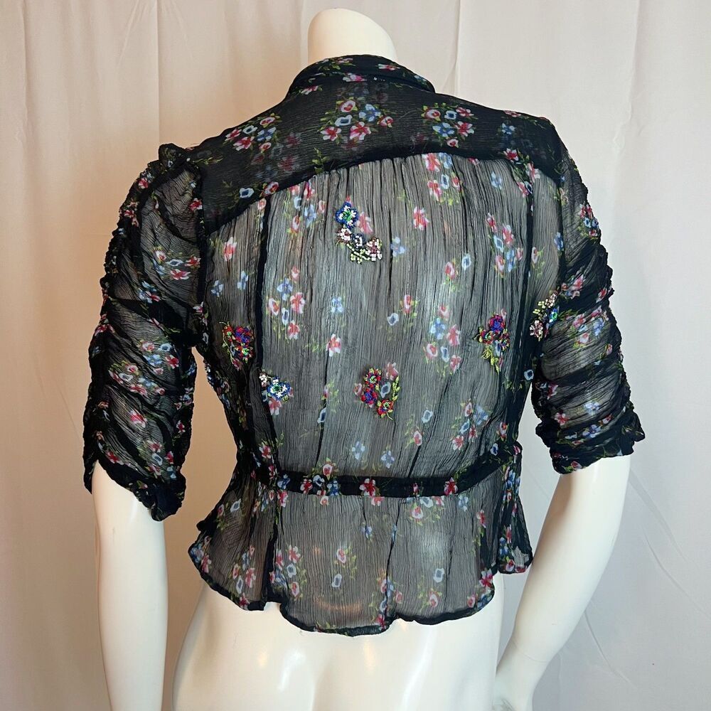 Free People Buttercup Black Floral Beaded Embroidered Keyhole Blouse Size S - Picture 4 of 8